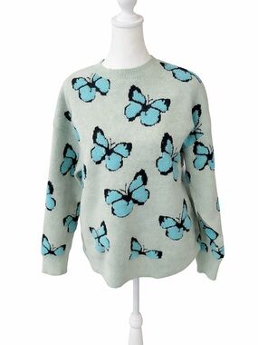 Butterfly Pattern Mint Blue Crewneck Sweater